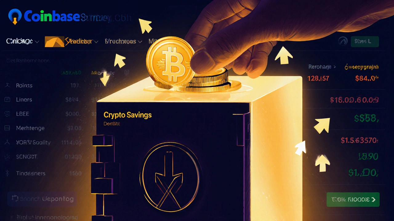 Hand placing stablecoins into a glowing digital vault with interest symbols floating around it.