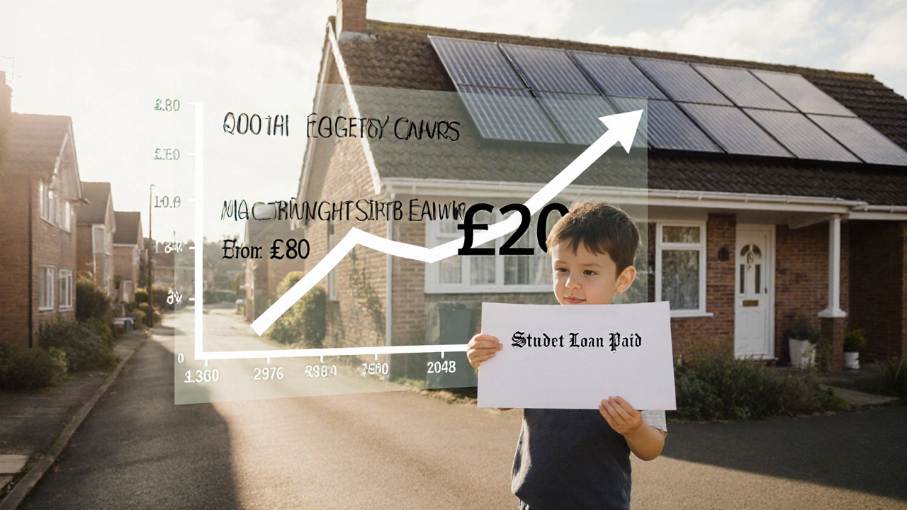 Homeowner installing solar panels with financial overlay showing energy savings exceeding mortgage cost