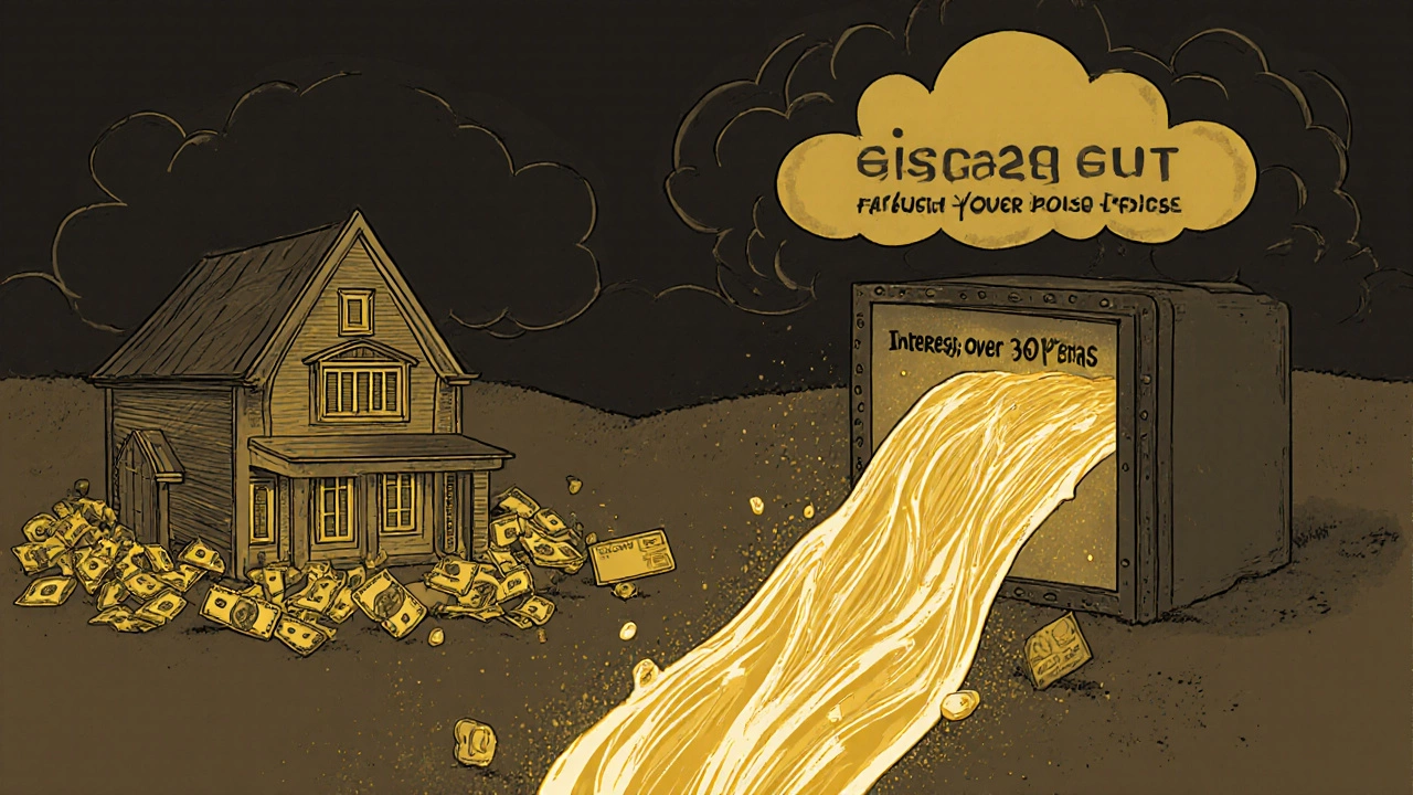 House with golden equity flow turning debt into cash, interest cloud looming overhead