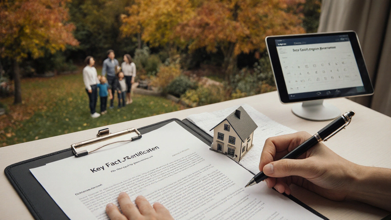Legal documents and a house model on a desk, with family softly visible in the background.