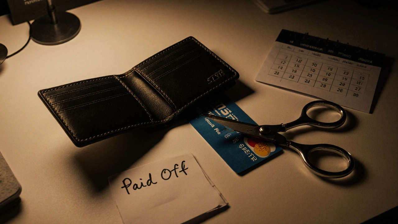 Open wallet with scissors cutting a credit card and a &#039;Paid Off&#039; note beside a calendar.