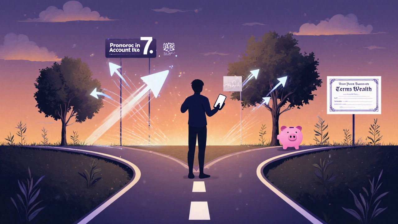 Person choosing between a high-yield promo savings account and long-term wealth building path.