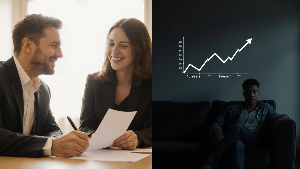 Split image showing a happy mortgage signing versus a person facing a rising debt graph in darkness.
