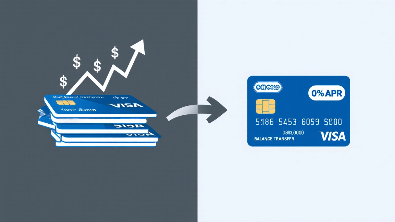 Split-screen: chaotic debt on left, clean financial path on right with balance transfer arrow.