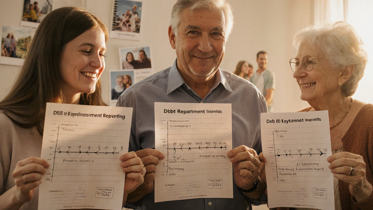 Three individuals holding printed debt repayment timelines showing how extra payments reduced their terms