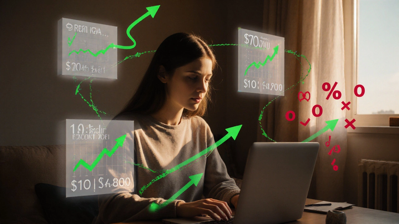 Young professional in apartment with floating panels showing Roth IRA, Roth 401(k), and HSA contributions.