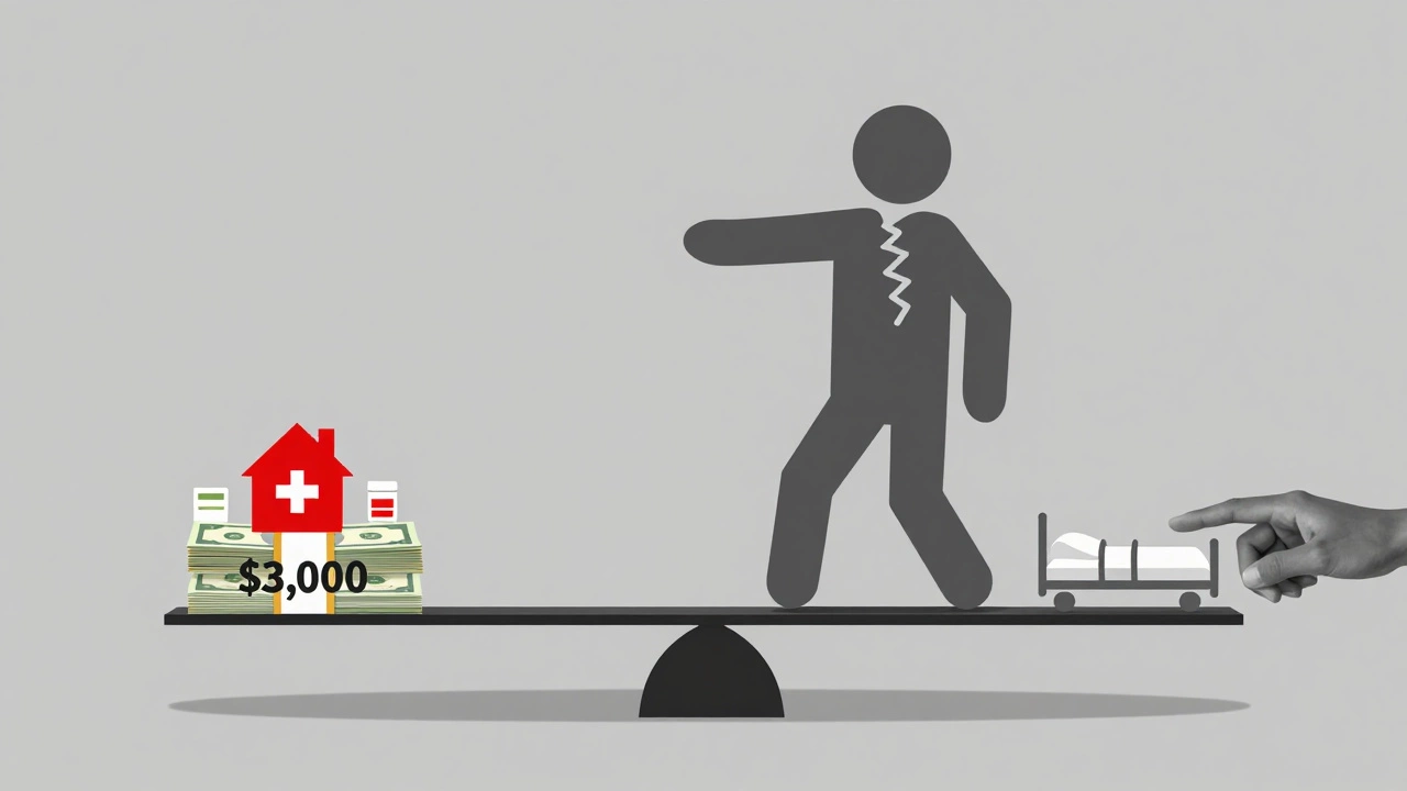 A fragile balance scale showing retirement income versus unexpected expenses like medical bills and home repairs.