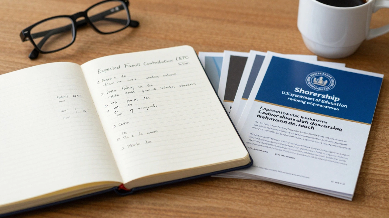 A notebook detailing factors affecting financial aid, including family size, medical expenses, and state-specific aid programs.