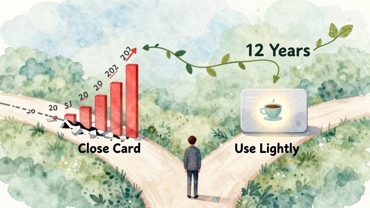 A person at a crossroads, one path showing credit damage, the other showing a glowing coffee cup reconnecting a long credit history vine.