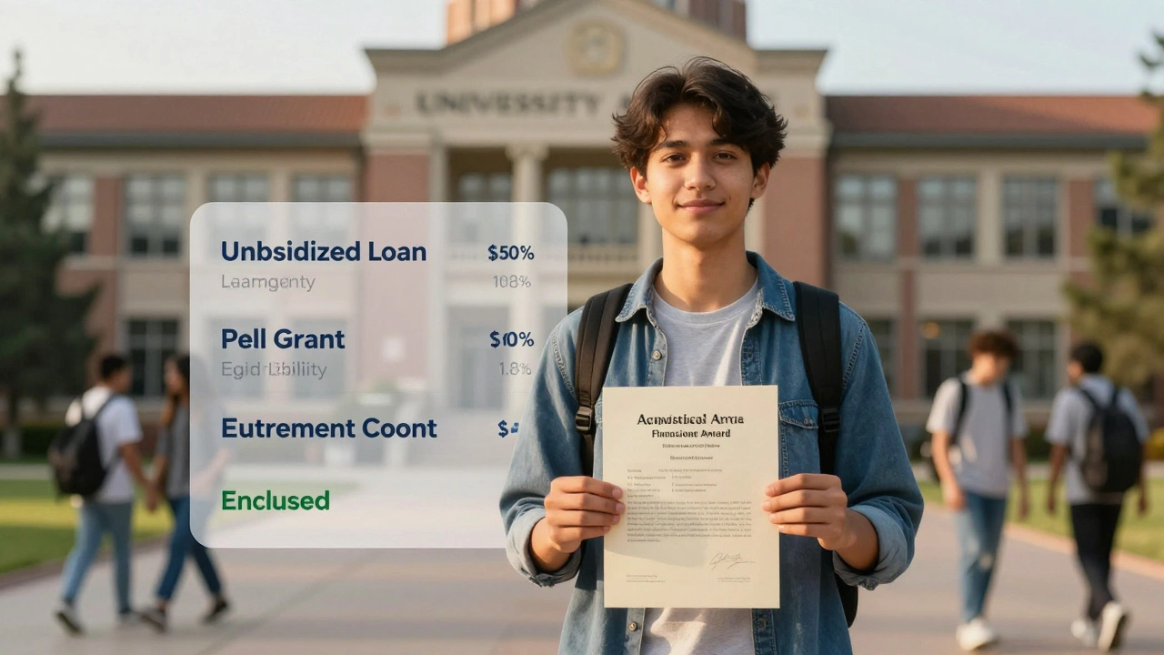 An independent student holding a financial aid award letter in front of a university, with key aid elements visible as a translucent overlay.