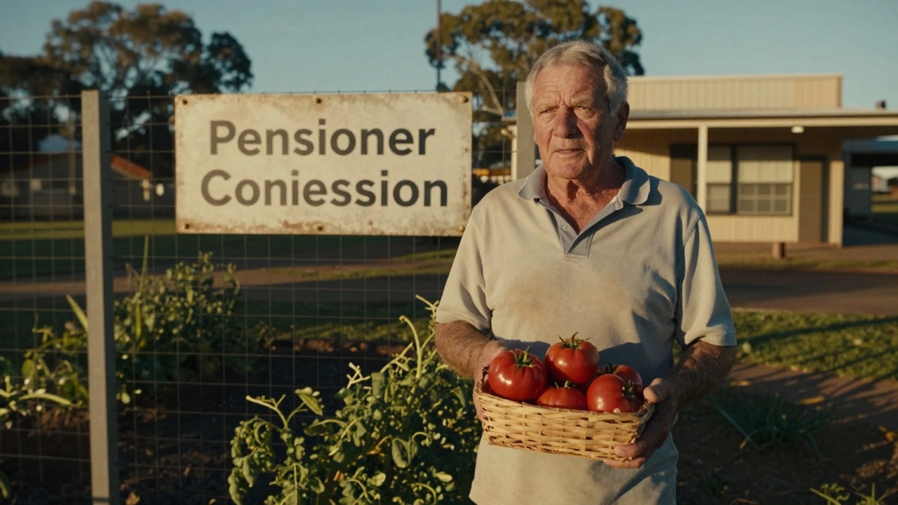 An older man holding homegrown tomatoes in a modest suburban garden with a pensioner sign on the fence.