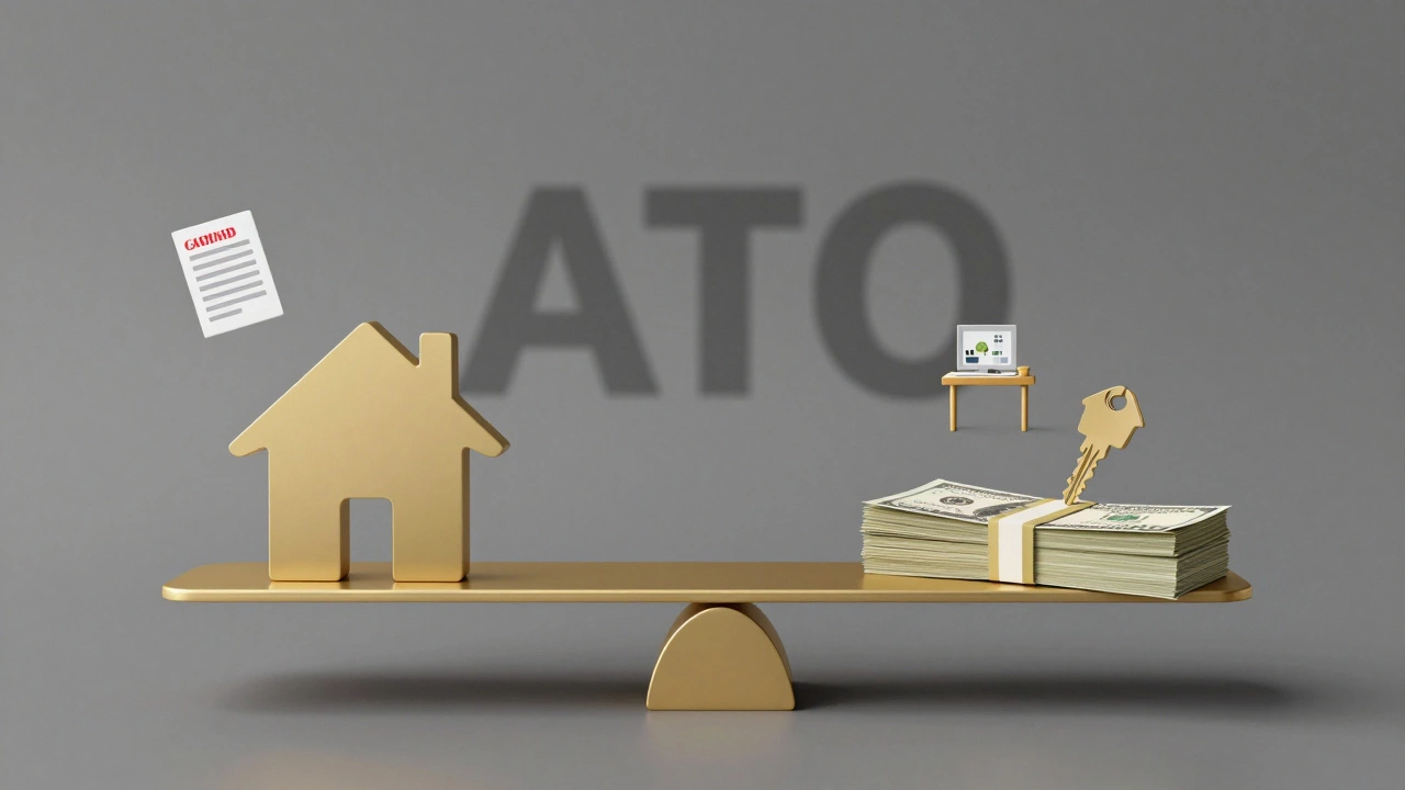 Balanced scale with home and income icons, symbolizing tax-deductible home expenses.