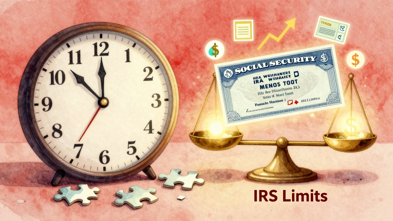 Broken clock with retirement ages and income symbols balancing on a scale.