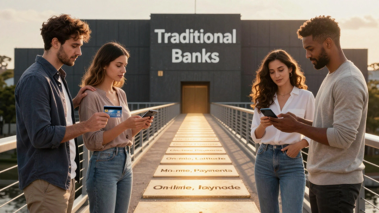 Diverse people crossing a financial bridge toward digital lenders, away from rigid traditional banks.