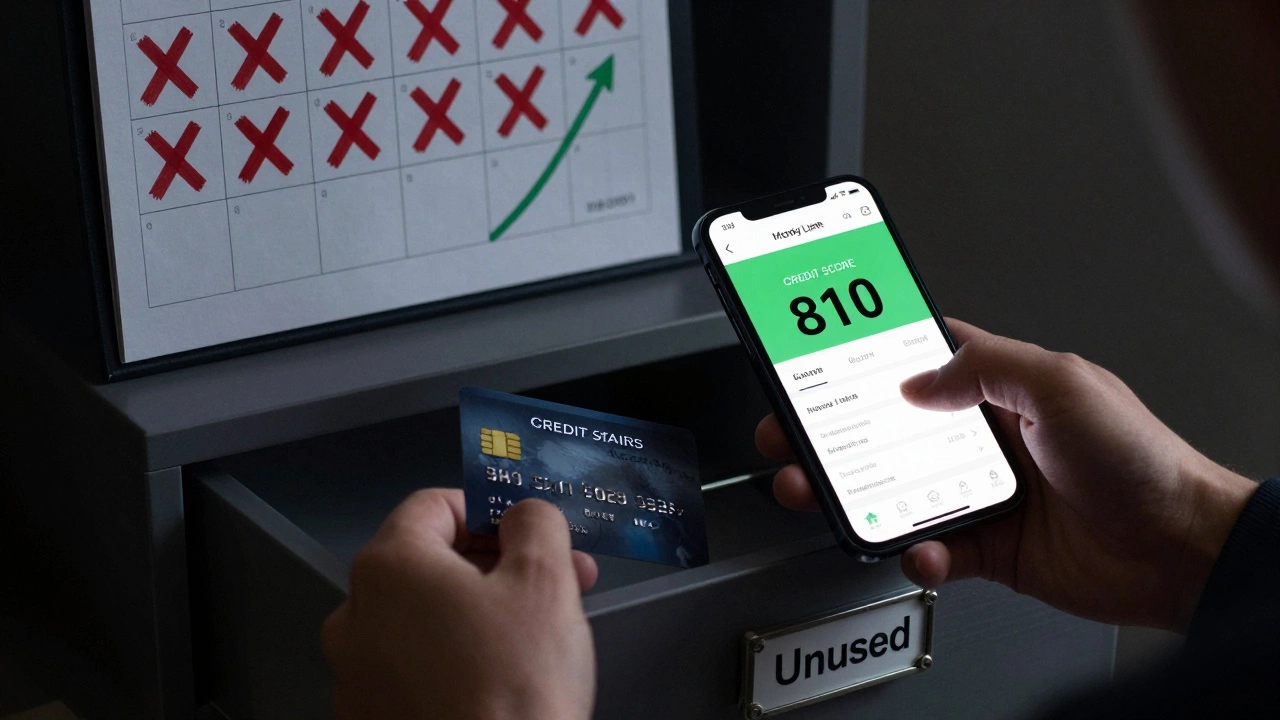 Hand placing unused card in drawer while phone displays high credit score, calendar shows avoided hard inquiries.