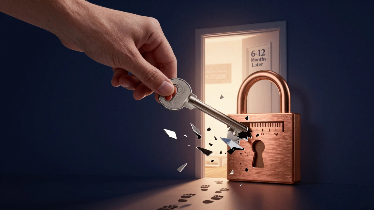 Hand turning key in credit score lock as cards fall away, path to light.