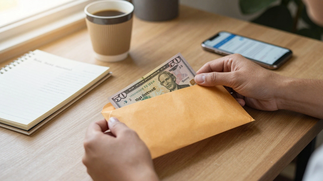 Hands putting  into savings envelope on a table with budget notes and coffee cup