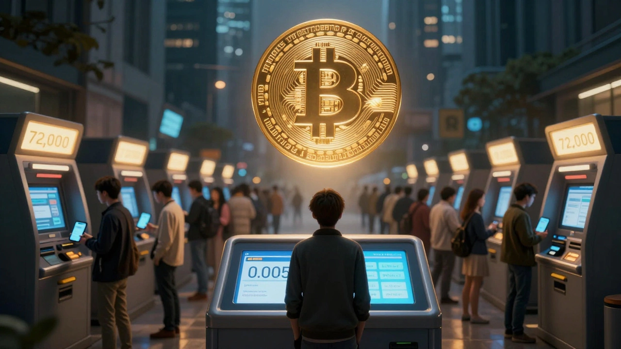 Person looking up at a giant Bitcoin coin while holding a small fraction in their digital wallet, symbolizing the challenge of owning one full BTC.