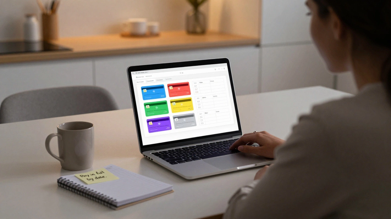 Person reviewing budgeting app on laptop with four zero-balance credit cards, coffee mug and planner on table.