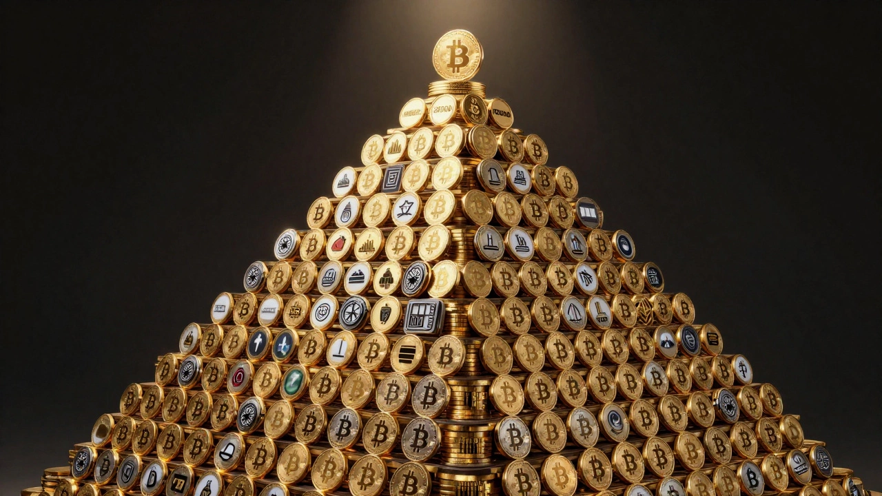 Pyramid of Bitcoin wallets with tiny bases and massive top wallets, illustrating extreme wealth concentration in cryptocurrency.