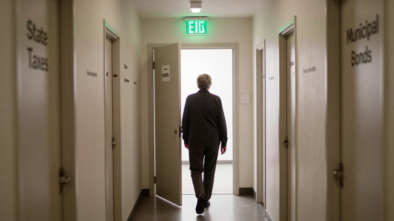 Retiree walking down a hallway of tax-planning options toward a glowing exit.
