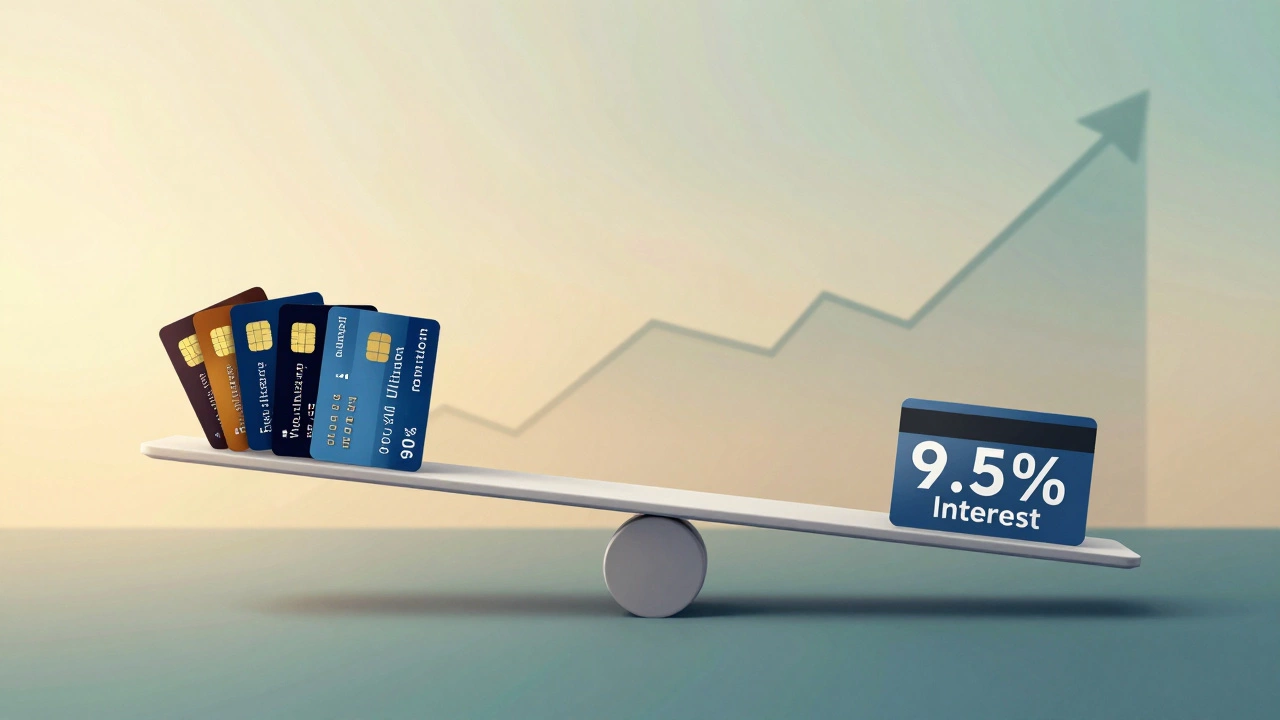 Seesaw balancing credit cards against personal loan with rising graph.