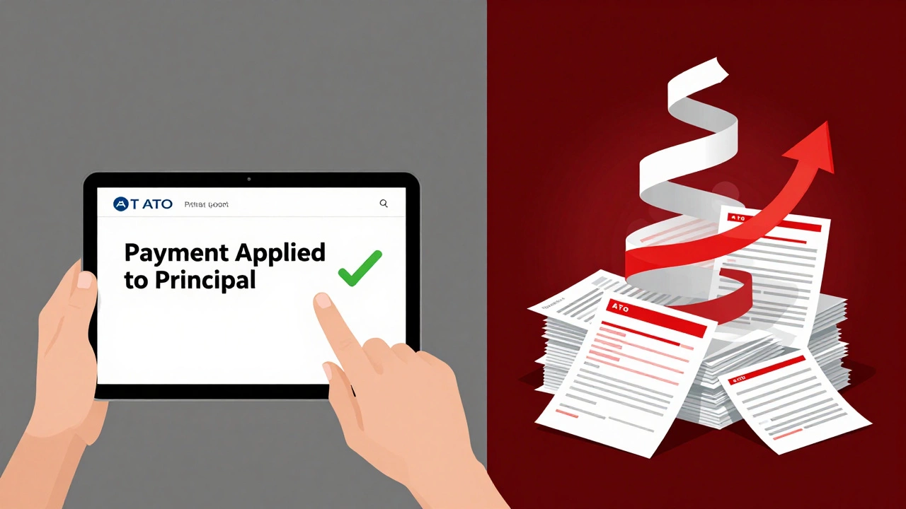 Split image: peaceful  payment on left, growing debt with red warnings on right.