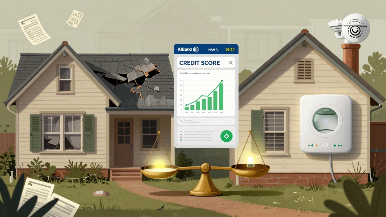 Split image showing a neglected house vs. a secured home, with credit score and premium balance scale.