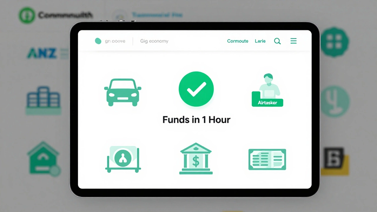 Tablet showing loan approval notification with gig income symbols, traditional banks blurred behind.