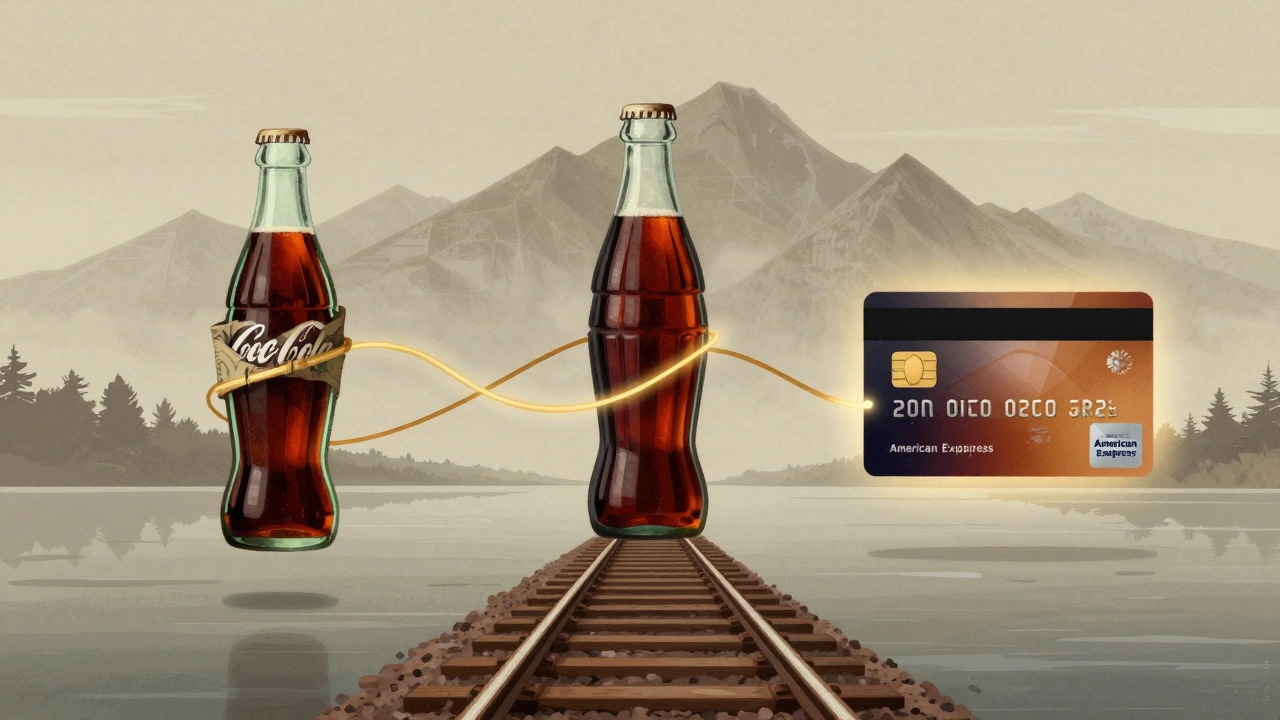 Three iconic businesses — Coke, railroad, credit card — connected by cash flow threads.