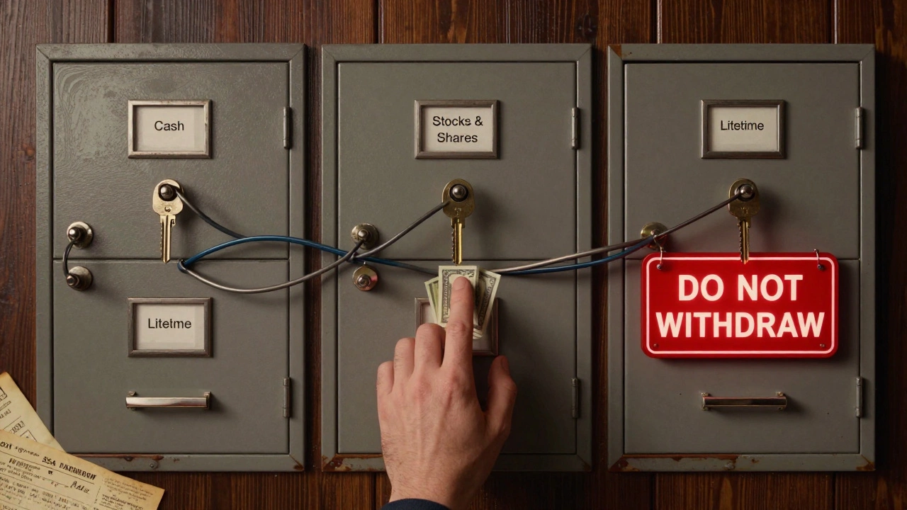 Three locked ISA accounts with tangled wires, a hand trying to transfer funds between them under a warning sign.