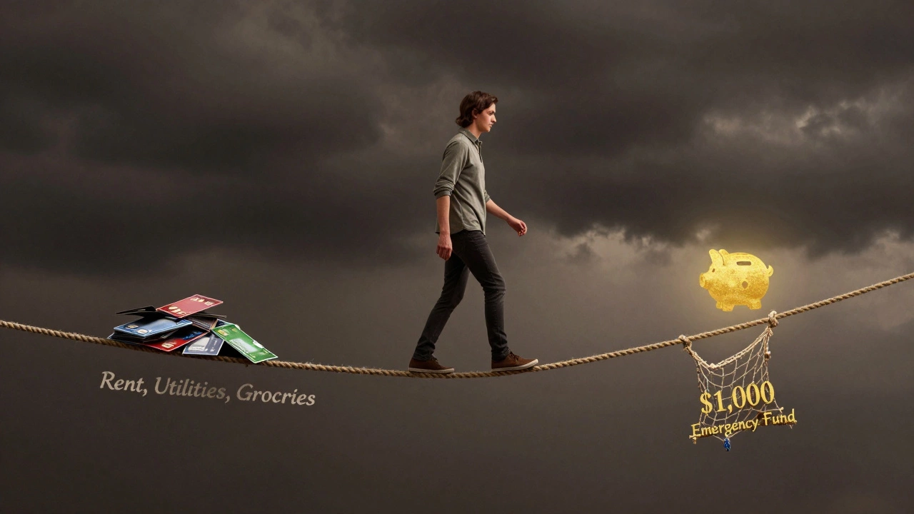 Tightrope walker balancing over debt toward a small emergency fund, symbolic illustration
