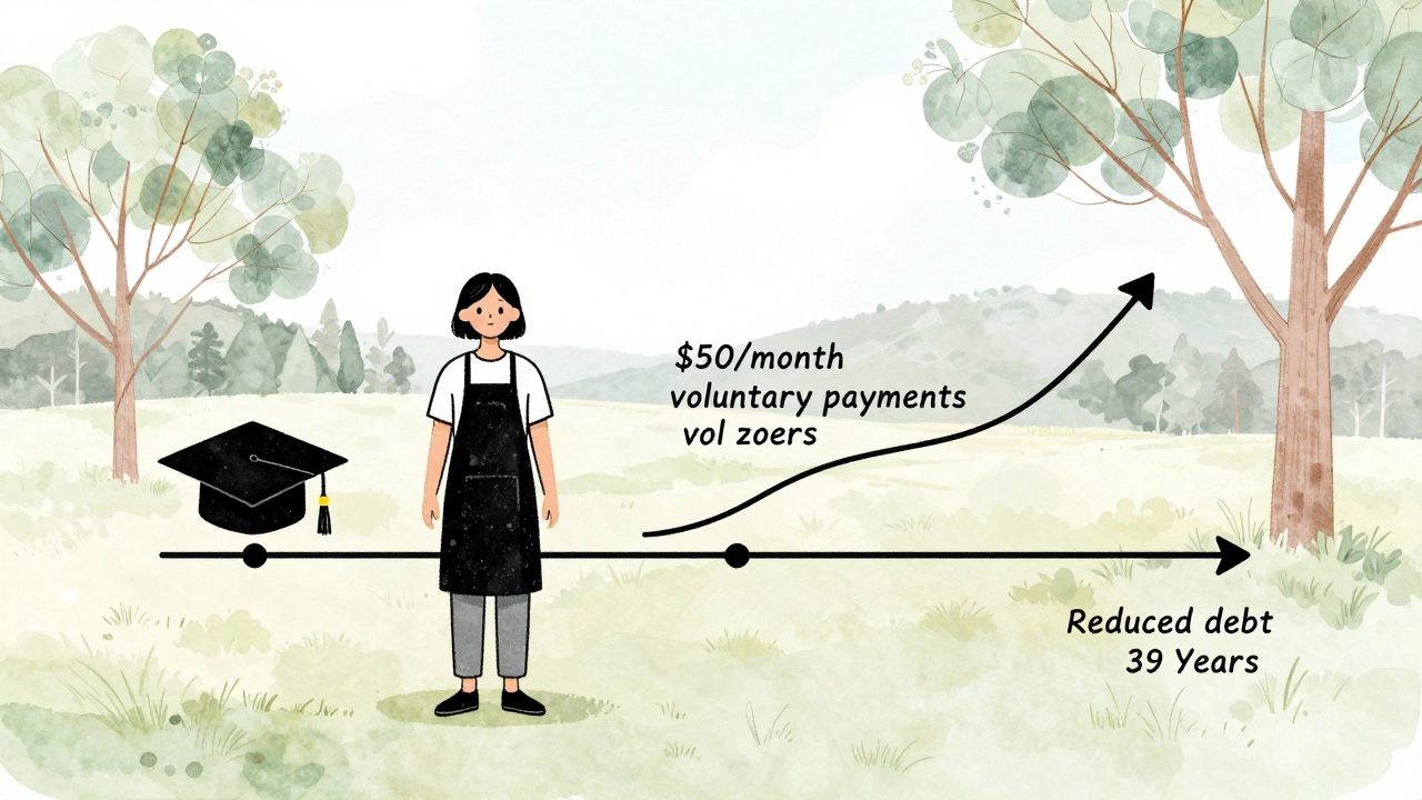 Timeline showing gradual debt reduction through consistent  monthly payments.