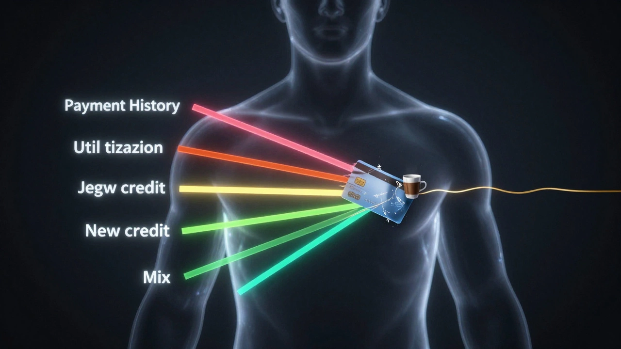 Transparent human figure with glowing credit score elements, one strand being restored by a tiny coffee cup symbolizing responsible card use.