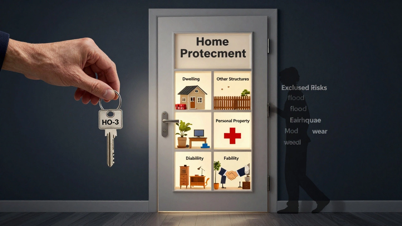 A homeowner unlocking a door to comprehensive home protection, with four key coverage areas glowing inside.