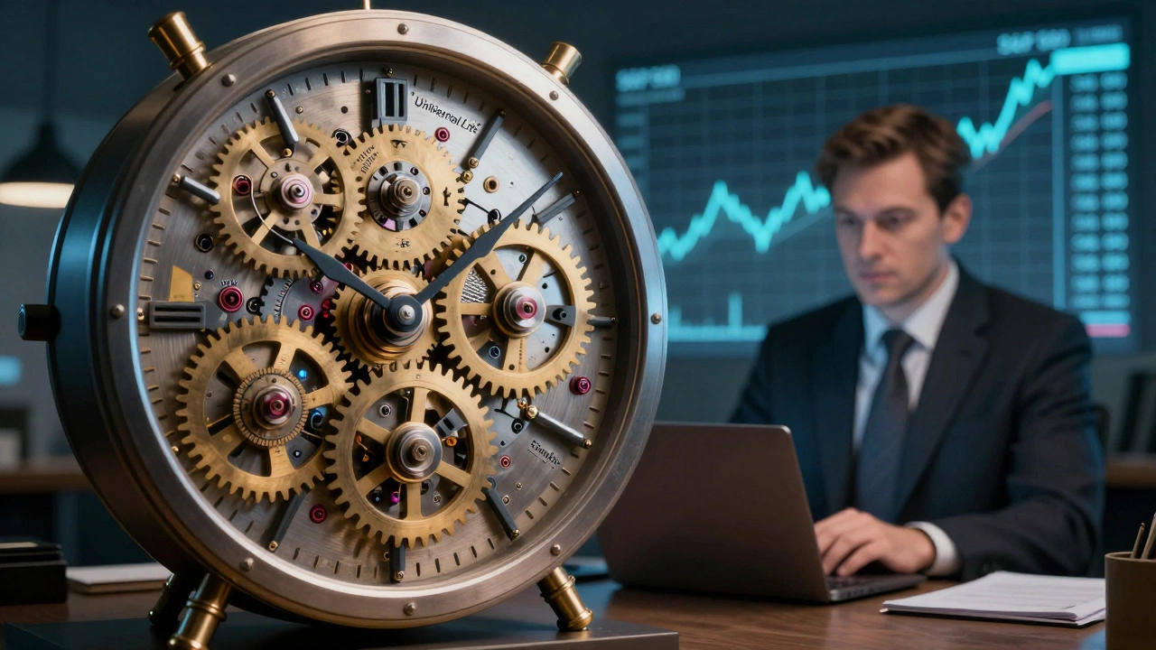 A mechanical clock with slipping gears, representing the complexity and fees of universal life insurance.