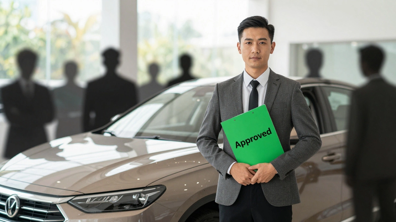 A person beside a new car, leaving past financial struggles in shadow.