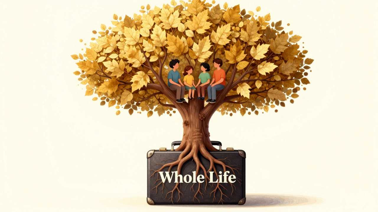 A tree with roots from a briefcase, symbolizing whole life insurance and family security.