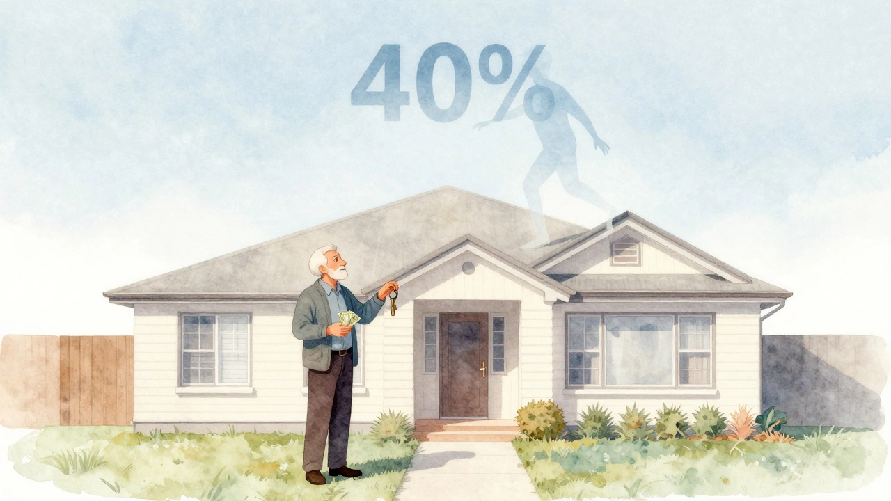 An 87-year-old man holding cash as 40% of his home gently lifts away in a home reversion plan.
