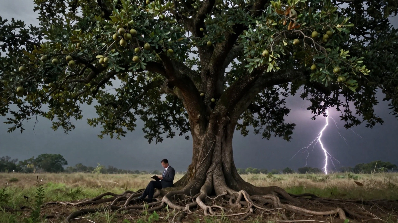 An enduring oak tree with fruit withstands a storm while an investor reads nearby.