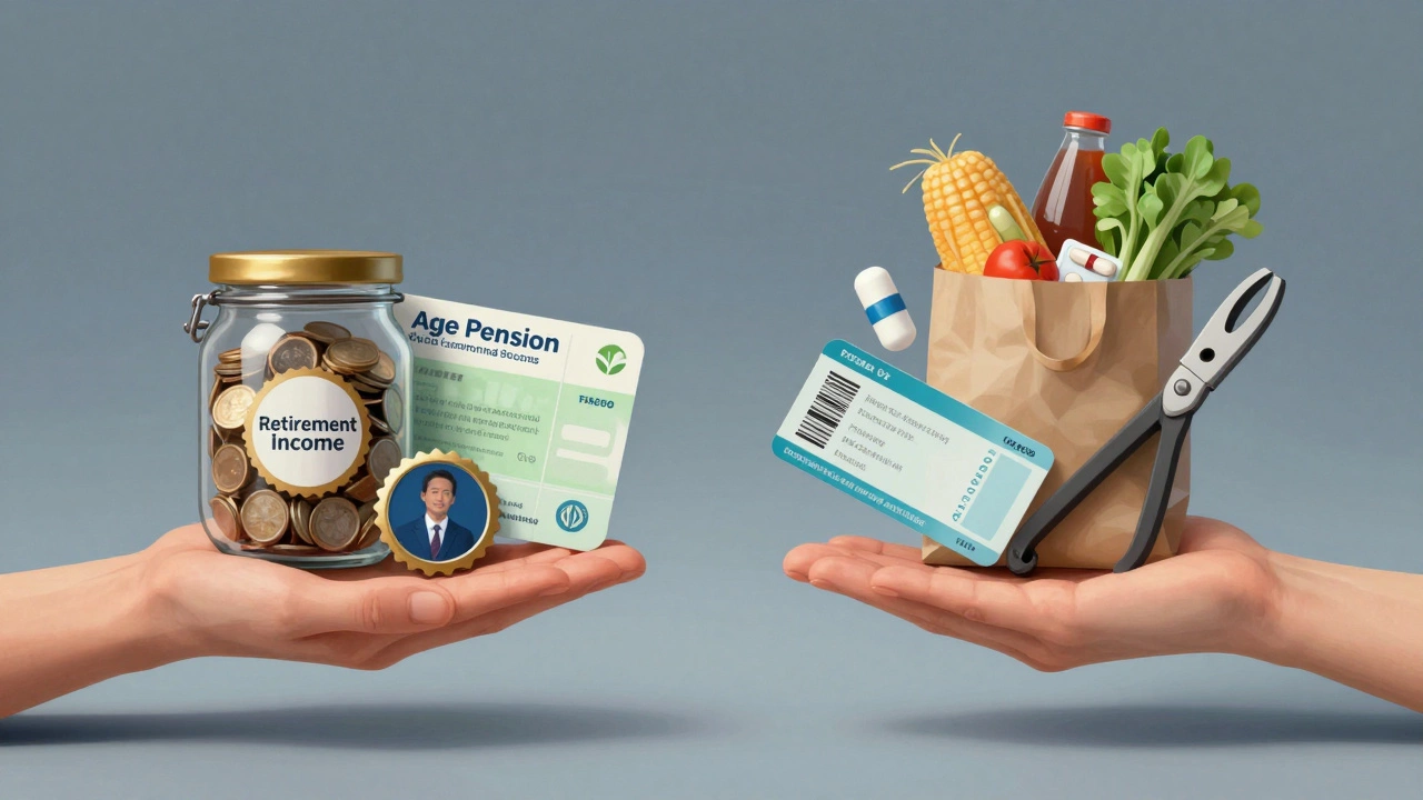 Balanced scale showing retirement income sources versus living expenses.