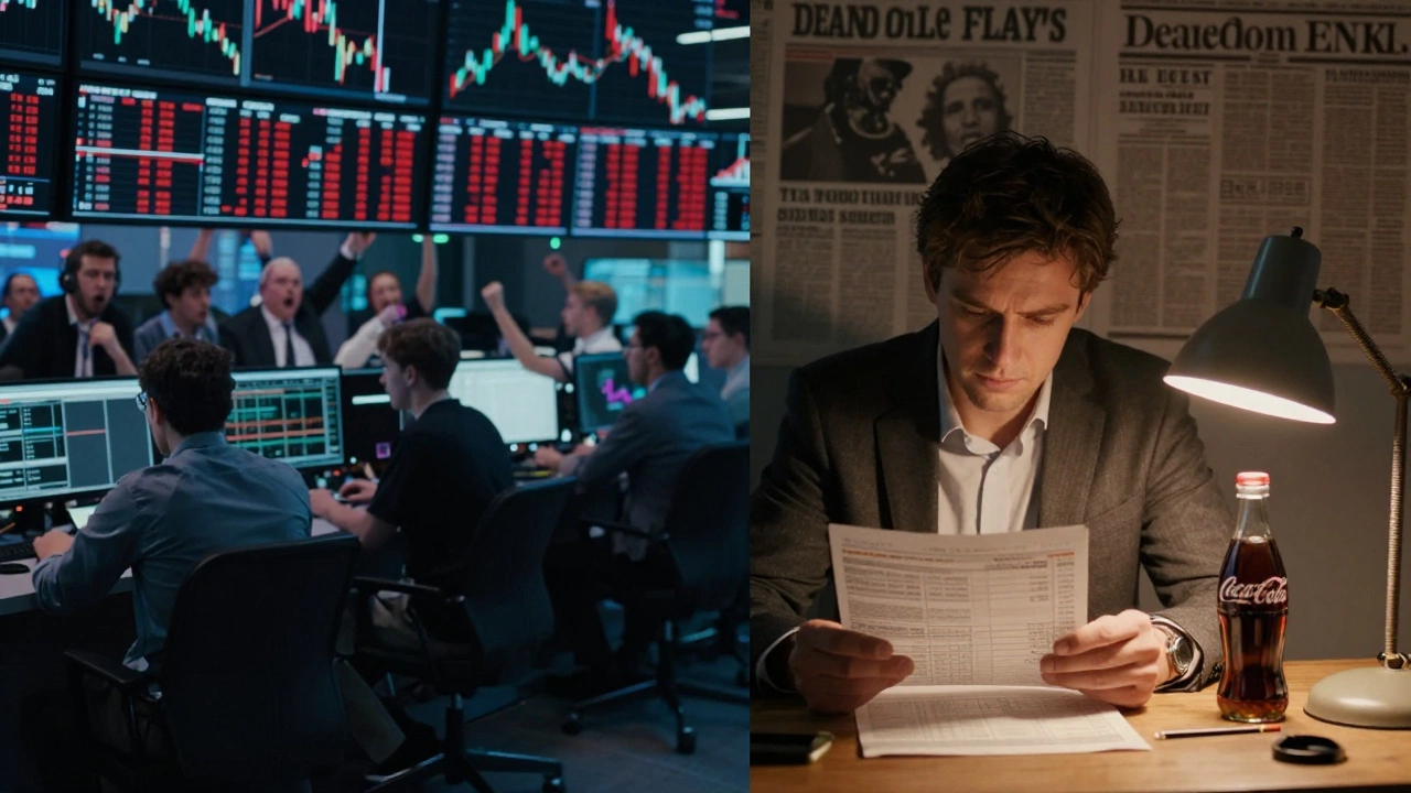 Contrasting scenes of chaotic trading versus calm stock analysis under lamplight.