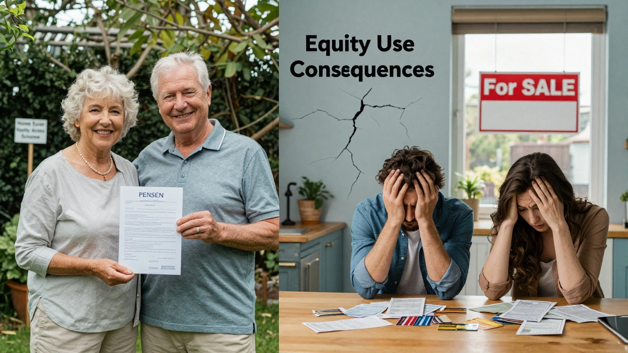Elderly couple in garden with pension paper vs. young couple stressed with debt and 'For Sale' sign.