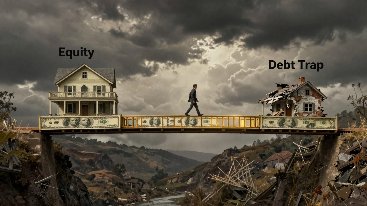 Golden bridge of money connecting a stable home to a crumbling one amid storm clouds