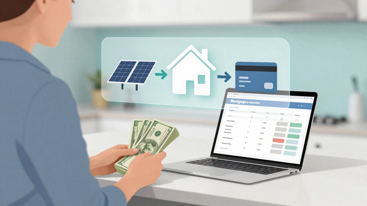 Homeowner holding cash next to laptop showing mortgage calculator with debt icons fading