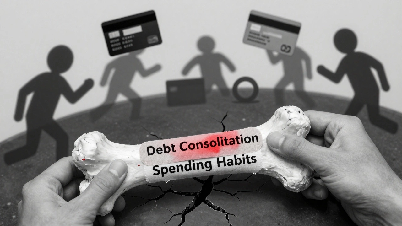 Person holding bandage over cracked bone labeled 'Spending Habits,' with shadowy debts looming.