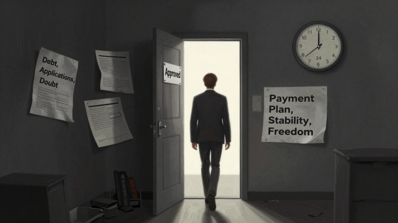 Person walking from a dark hallway of rejection into a bright path labeled 'Approved', symbolizing financial turnaround.