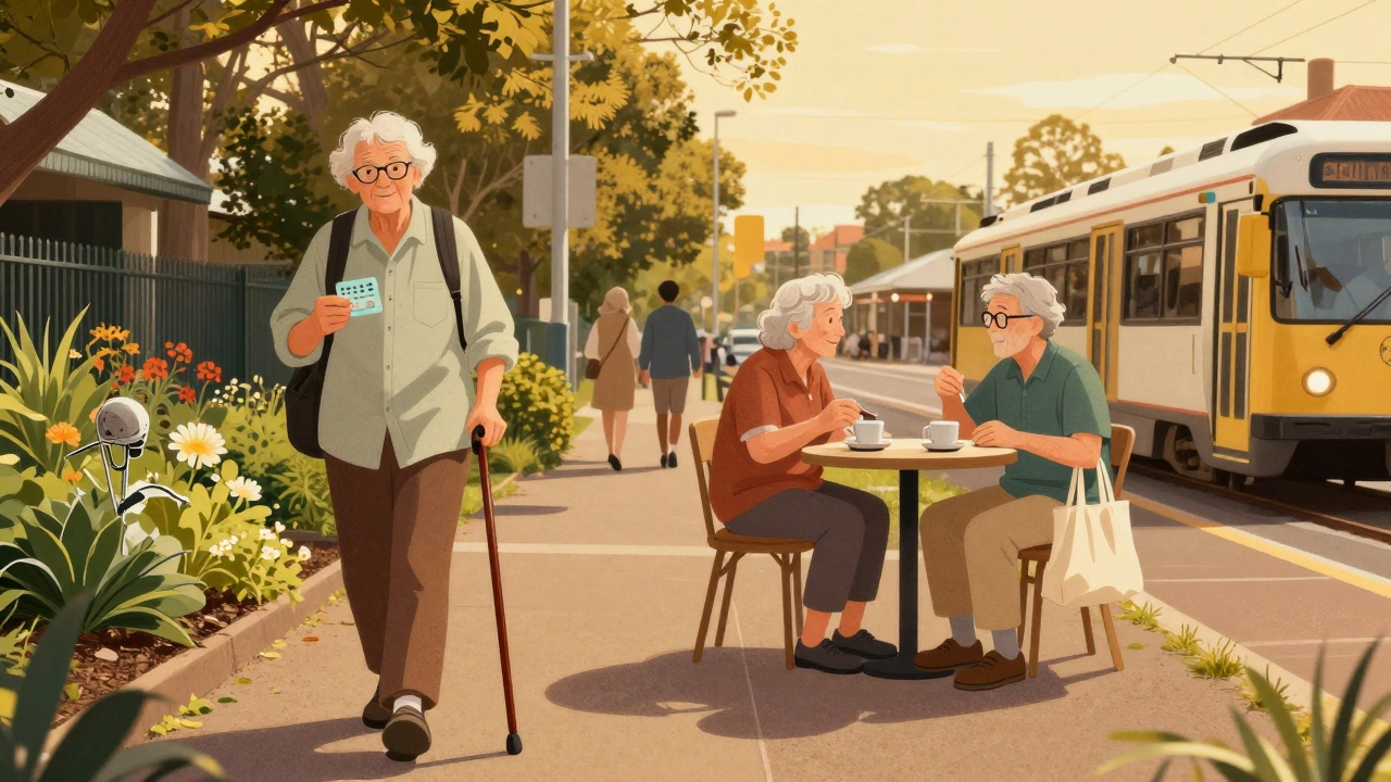 Retirees in different Australian settings enjoying independent, modest lifestyles.