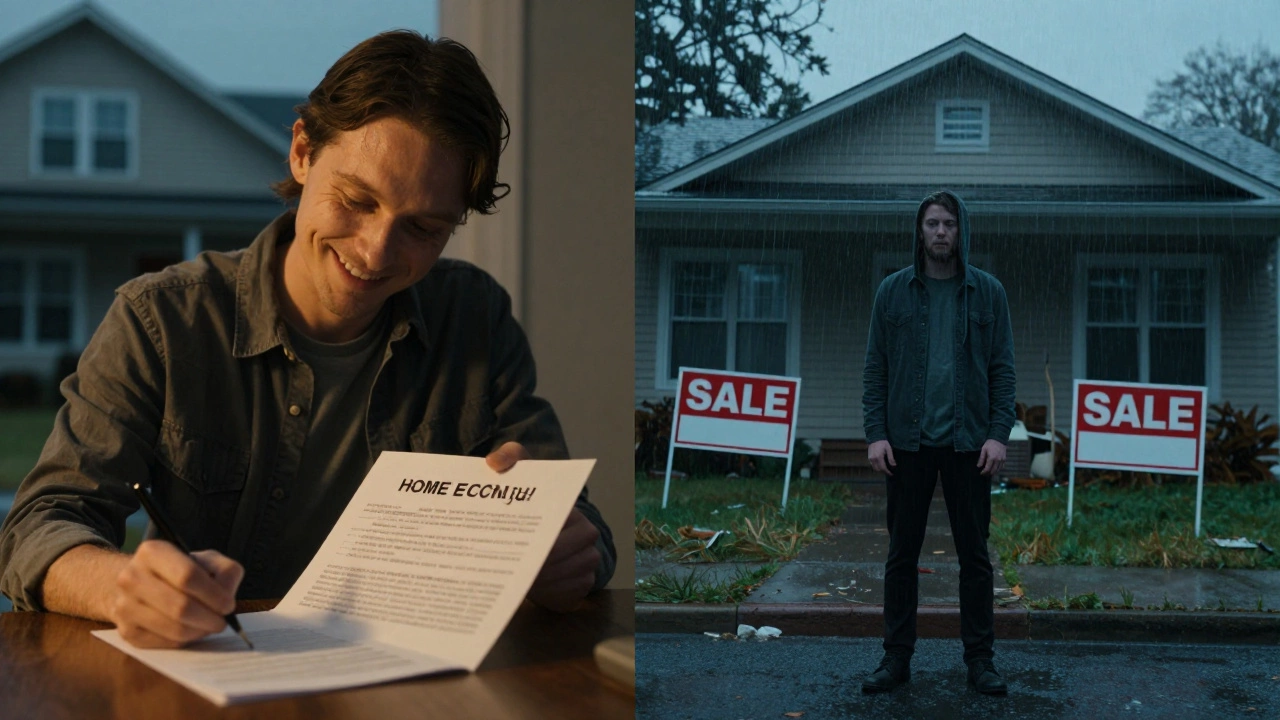 Split image: person signing home equity loan vs. standing outside foreclosed home.