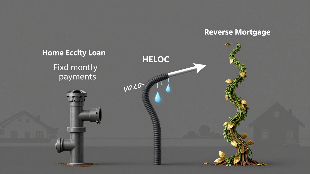 Three financial pathways rising from a house: loan pipe, HELOC hose, reverse mortgage vine.